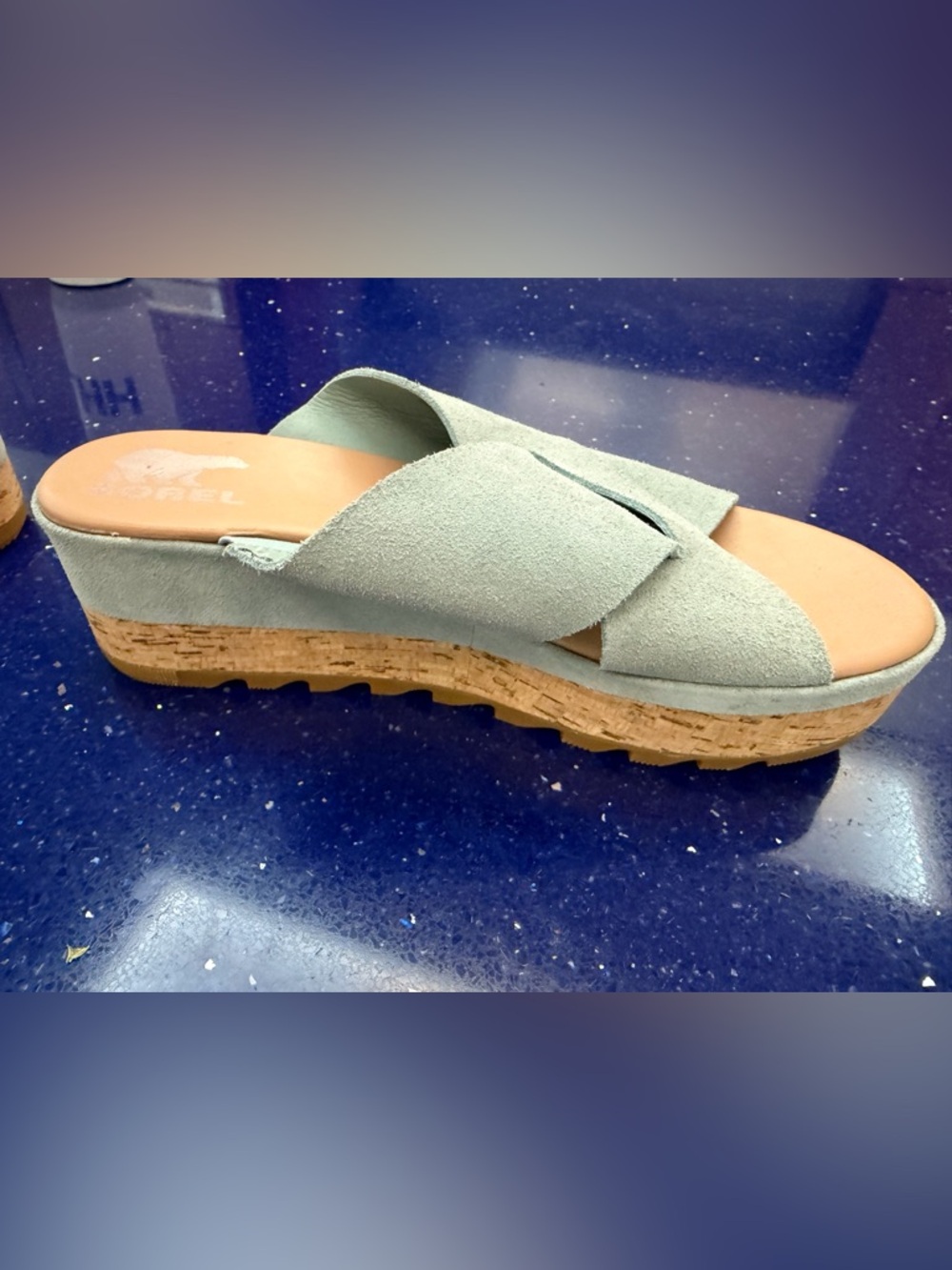 Sorel Cameron Flatform Mule - Cork Platform Sandal- crushed blue, sea salt - Picture 11 of 12